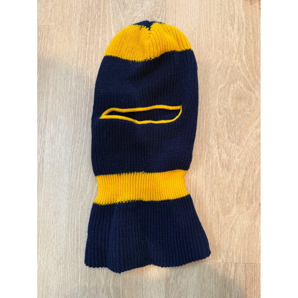 Vintage 1970s Navy Yellow Striped Knit Balaclava Ski Mask One Size
